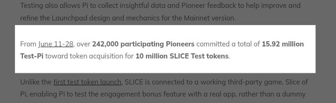 The image displays a highlighted text excerpt emphasizing that from June 11-28, over 242,000 participating Pioneers committed 15.92 million Test-Pi toward token acquisition for 10 million SLICE Test tokens. The accompanying post uses this data to suggest strong anticipation and potential demand for Pi Network's upcoming Mainnet token launches.