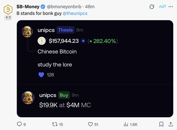 A tweet by $B-Money (@bmoneyonbnb) stating "B stands for bonk guy @theunipcs" shares screenshots of @unipcs's posts about "Chinese Bitcoin" trading at $157,944.23 (+282.40%) and showing a $19.9K entry at $4M market cap, implying the account had called the early move on the token that's now being hyped by other crypto influencers.