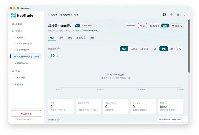 A screenshot of the NeoTrade platform interface in Chinese, showing a trading page titled '叔是meme天才' with a 24H ROI button selected.