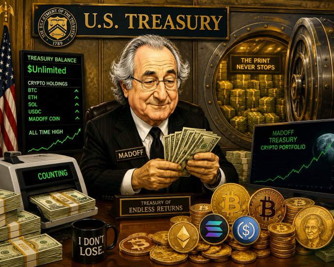 A satirical digital illustration depicts a man labeled 'MADOFF' at a 'U.S. TREASURY' desk holding cash, with a vault labeled 'THE PRINT NEVER STOPS', monitors showing 'MADOFF TREASURY CRYPTO PORTFOLIO' and '$Unlimited' balance, a mug reading 'I DON'T LOSE.', and various cryptocurrency coins including Bitcoin, Ethereum, and Solana.