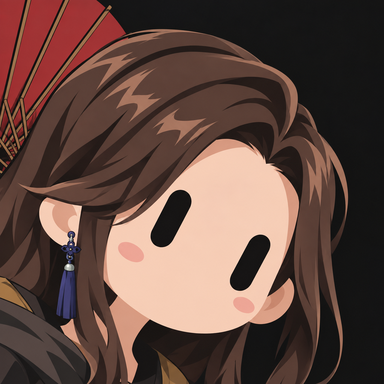 A stylized cartoon/anime-style character with large black eyes, long brown hair, and a blue tassel earring, set against a black background.