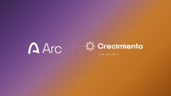The image features a purple and orange gradient background with two logos side by side: "Arc" on the left and "Crecimiento" (with the tagline "Latam Driving Agency Commerce") on the right, visually representing the partnership between Arc and Crecimiento highlighted in the post about building USDC payment solutions for Latin America.
