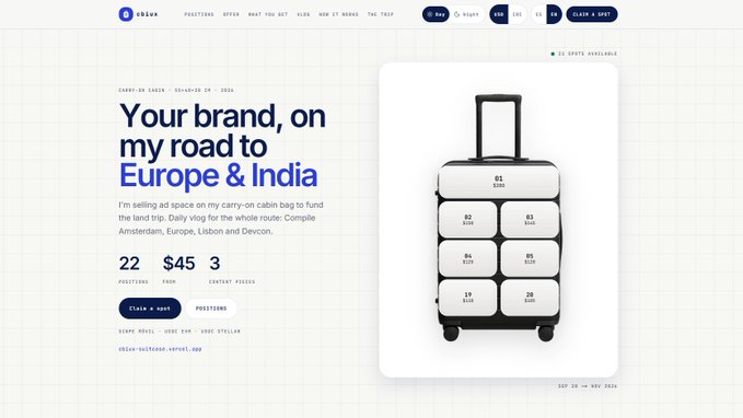 A website screenshot for 'unbox' advertising 'Your brand, on my road to Europe & India' with a 3D illustration of a suitcase with sponsor slots and stats showing 22 positions from $45 with 3 contact pieces.