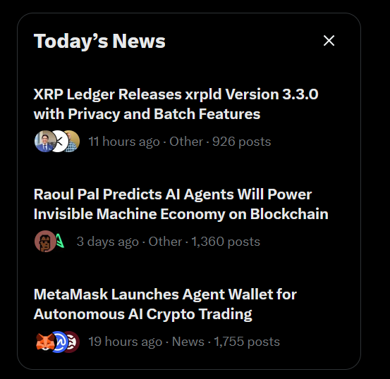 A news feed titled 'Today's News' featuring headlines about XRP Ledger, AI agents on blockchain, and MetaMask.