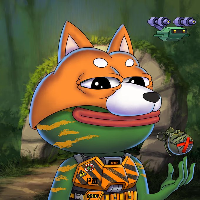 A cartoon fox character wearing green camouflage and an orange tactical vest holds a grenade with an X symbol, with a twin-cannon drone flying nearby.