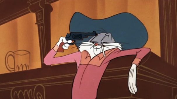 An animated scene of a character in a pink coat, blue hat, and red lipstick pointing a revolver while leaning back in a saloon-like setting.