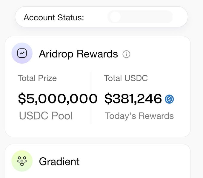 The image shows a screenshot of an Android app with a focus on an alert box displaying a user's account status and rewards. The main content appears to be related to an airdrop reward, specifically for Radient pool. This is indicated by the text in the alert, which reads "Big Win for me. Out of the $5m USDC reward pool, I've been given 
$381k USDC as my airdrop rewardfrom radient. This is what you get for believing very early in project. $381k for just farming airdrop. I've made it, giveaway follows immediately I'm done claiming". The user has managed to claim their reward amount of $381k from Radient pool using an airdrop.