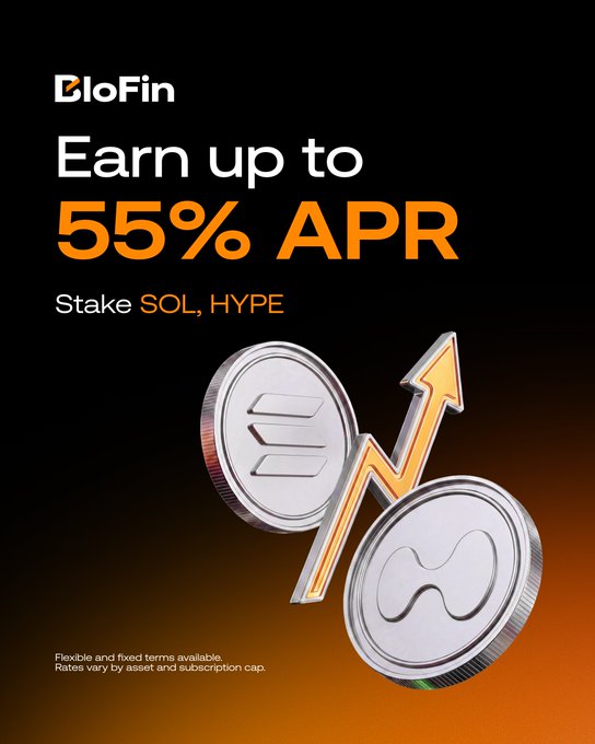 The image is a promotional graphic for BloFin's Earn product, featuring the headline "Earn up to 55% APR" on a black background with metallic SOL and HYPE coins alongside an upward-trending arrow. The accompanying text highlights this as a Monday Exclusive deal offering high-yield staking on SOL and HYPE, which directly corresponds to the stake options and impressive APR shown in the ad.