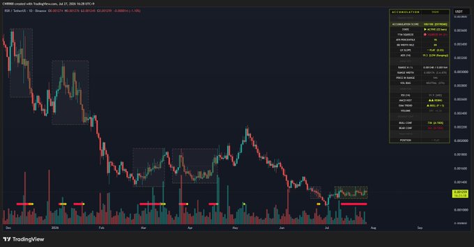 A TradingView candlestick chart on a dark theme showing 'CHIRP' (CHRP) on Binance, displaying a bearish downtrend with various annotations and technical indicators.