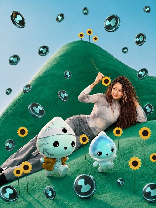A promotional image features a woman lying on a green hill surrounded by floating SUI crypto logos, sunflowers, and cartoon water droplet characters.