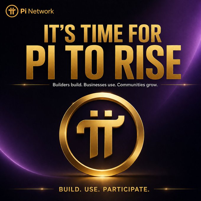 A bold promotional graphic for Pi Network features the tagline "IT'S TIME FOR PI TO RISE" alongside the Pi logo, with "Builders build. Businesses use. Communities grow." and "BUILD. USE. PARTICIPATE." reinforcing the post's call for the Pi community to actively engage, build apps, and adopt the cryptocurrency now that the Pi App Studio allows anyone—not just developers—to participate.