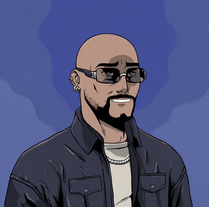 Digital illustration/avatar of a bald man with a goatee, wearing glasses, a hoop earring, and a dark jacket over a white shirt, set against a blue background.