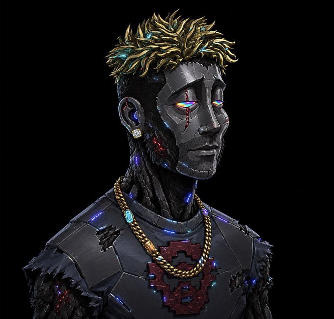 This image features a stylized, 3D digital sculpture of a character with blonde hair, glowing eyes, and a gold chain, wearing a dark shirt with a red pixelated logo. The artwork appears to be a high-quality NFT or digital collectible, likely related to the Solana ecosystem mentioned in the accompanying post.