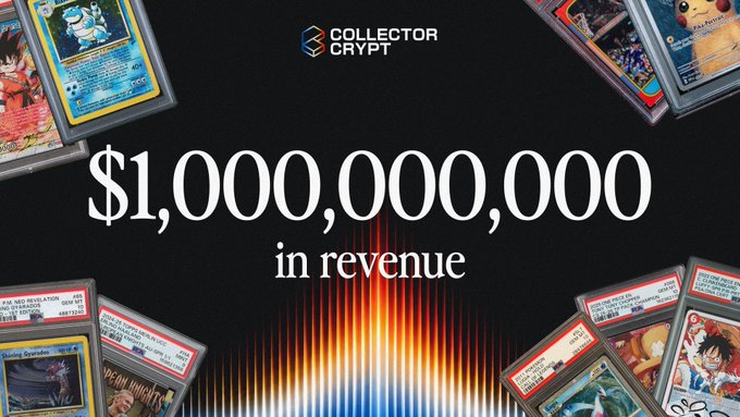 Collector Crypt's logo appears at the top of the image, surrounded by trading cards including Pokémon and F4F cards, with bold text celebrating "$1,000,000,000 in revenue" displayed across the center. The graphic visually commemorates the platform's milestone of crossing $1 billion in gross revenue, 20 months after its launch on Solana.