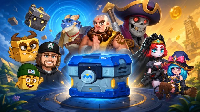 A promotional illustration for a mobile game featuring cartoonish characters including a pirate skeleton, monk, and witch surrounding a glowing blue loot chest.