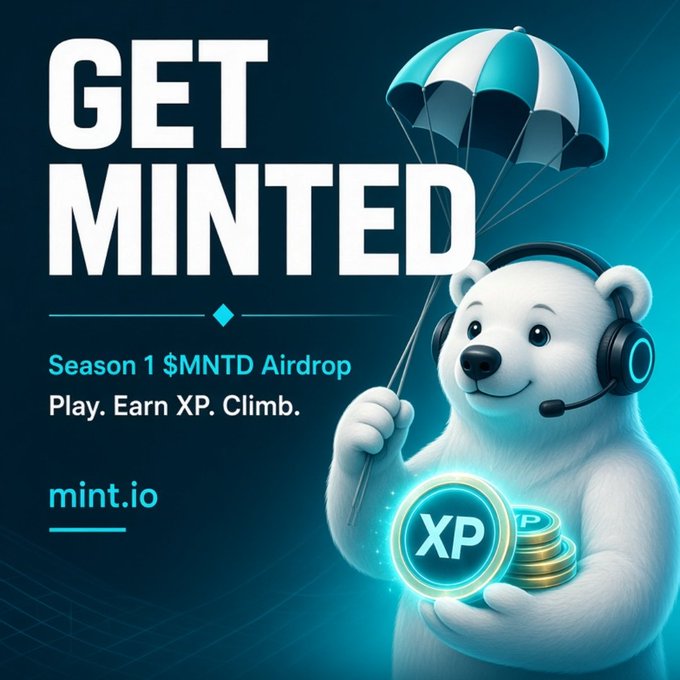 The image promotes the Season 1 $MNTD Airdrop from mint.io, featuring a polar bear mascot with a headset parachuting while holding an "XP" token, illustrating how players earn XP through activity to climb the leaderboard.