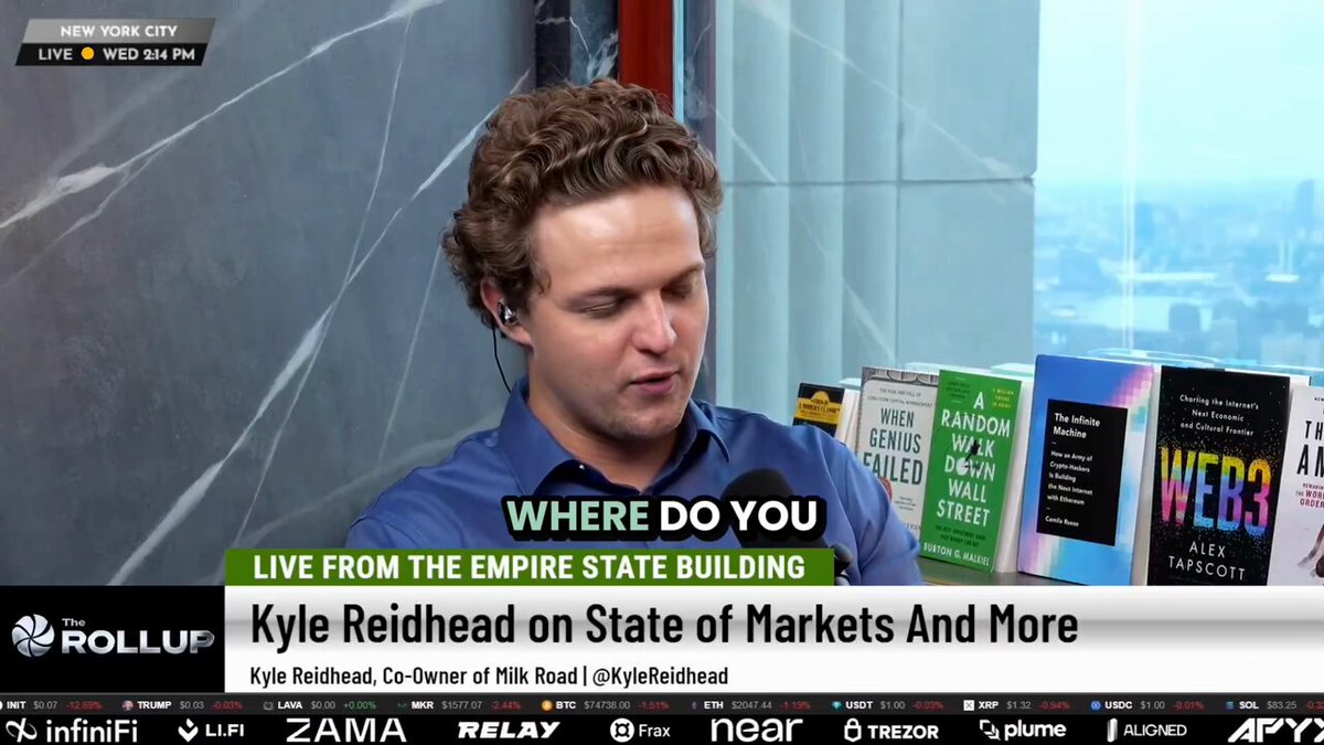 The image features an interview with a man named Kyle Reidhead discussing his views on privacy and its impact on the cryptocurrency market. The man is wearing a blue shirt and appears to be seated at a desk or table, surrounded by various books that may contain information about cryptocurrencies like Zcash.