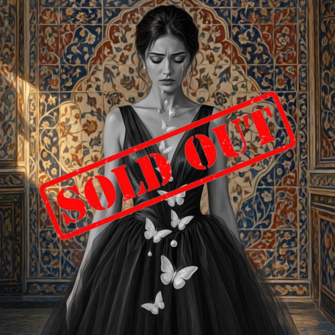 The image shows a grayscale portrait of a somber woman in an elegant black dress adorned with white butterflies, set against an ornate tiled wall, overlaid with a bold red "SOLD OUT" stamp.

This caption aligns with the post celebrating the artwork being purchased by @MadeCommunity1, with the red "SOLD OUT" graphic emphasizing the successful sale of the piece.
