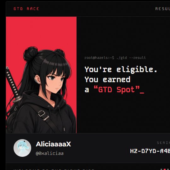 A GTD Race digital certificate features an anime-style girl with a sword on a red background, congratulating 'AliciaaaaX (@0xaliciaa)' for earning a GTD Spot, with a serial code H2-D7YD-R4B.