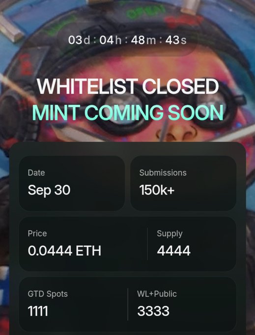A promotional graphic for the upcoming @letsCatapult NFT collection announces "Whitelist Closed, Mint Coming Soon" with a countdown of 03d:04h:48m:43s remaining. Key details displayed include a total supply of 4,444, mint price of 0.0444 ETH, September 30 launch date, 150k+ submissions, 1,111 GTD spots, and 3,333 WL+Public spots, set against a background featuring an astronaut character wearing goggles.
