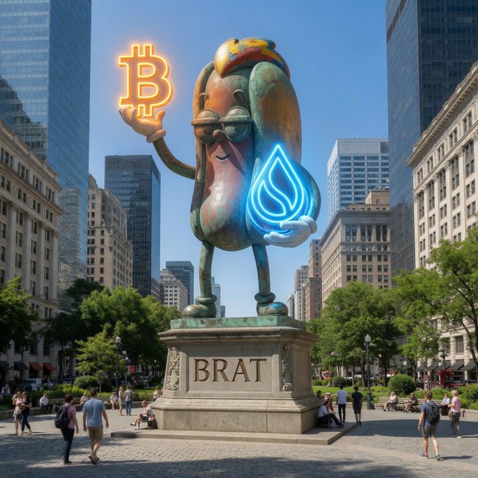 AI-generated image of a statue labeled 'BRAT' depicting an anthropomorphic peanut-like figure holding a glowing Bitcoin symbol and a blue Sui (SUI) logo.