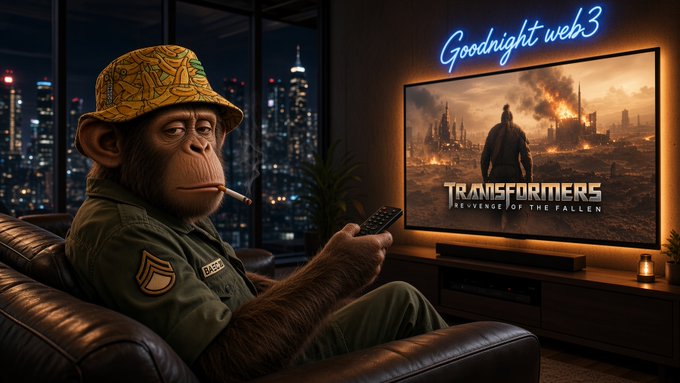 An AI-generated image of a chimpanzee wearing a patterned bucket hat and military-style jacket, smoking a cigarette while holding a remote, watching "Transformers: Revenge of the Fallen" in a modern apartment with a "Goodnight web3" neon sign.