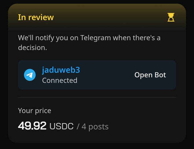 The image shows a phone screen displaying an email from Jaduweb3, which appears to be a messaging app. The message reads "In Review" followed by a list of instructions for using the app. The text also mentions that the app is open and connected, suggesting that it has been recently used or is currently active on the device.