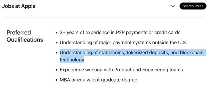 A screenshot of a 'Jobs at Apple' listing showing Preferred Qualifications including '2+ years of experience in P2P payments or credit cards' and a highlighted requirement for 'Understanding of stablecoins, tokenized deposits, and blockchain technology.'