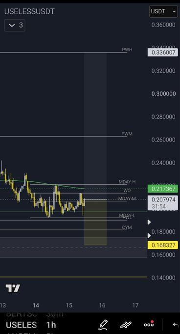 A TradingView 1-hour chart of USELESS/USDT displays a downtrend with key levels marked, including PWH at 0.340800, PWM at 0.280000, MD2AY-M at 0.207974 (31.54%), and current price at 0.168327, aligning with the post about bidding on the $USELESS token at lower levels.