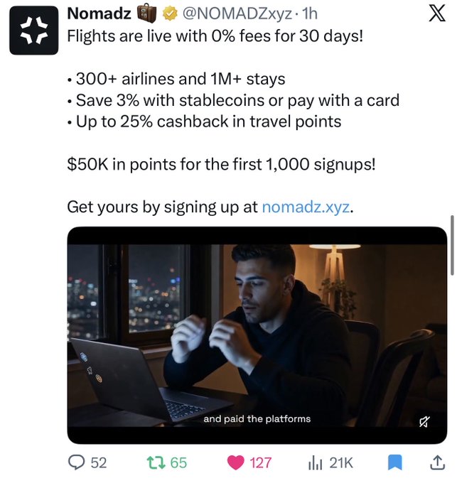 A screenshot of an X (formerly Twitter) post by 'Nomadz' (@NOMADZxyz) announcing flights are live with 0% fees for 30 days, mentioning 300+ airlines and stablecoin savings, including an embedded video.