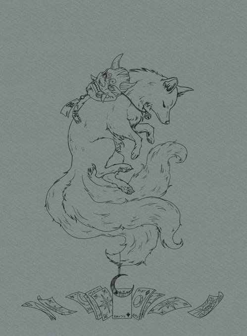 A black ink sketch on a blue-gray background depicts a fox-like creature carrying a smaller horned animal on its back, with scattered papers below.