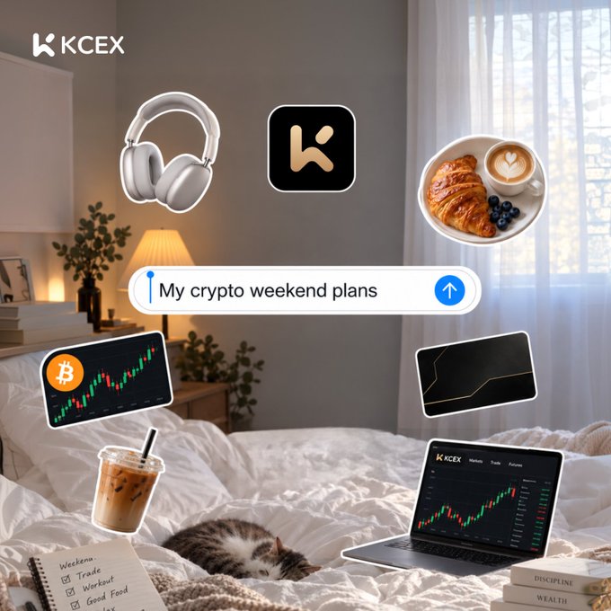 A cozy bedroom scene showing a cat sleeping on a bed with a laptop displaying the KCEX trading platform, surrounded by sticker overlays including headphones, a coffee cup, breakfast, Bitcoin chart, and a search bar reading "My crypto weekend plans."