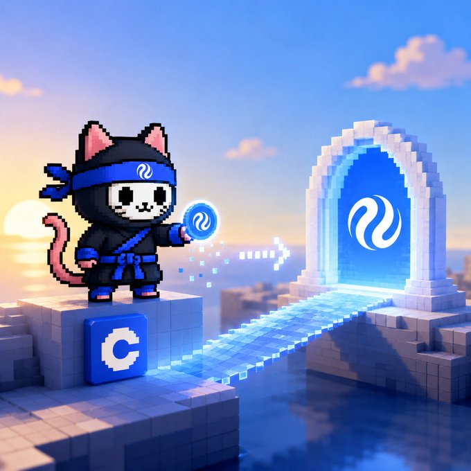 A pixel art style illustration of a cute ninja cat character in blue attire holding a glowing blue orb, standing on a block with a "C" logo, with a glowing portal archway in the background over water at sunset.
