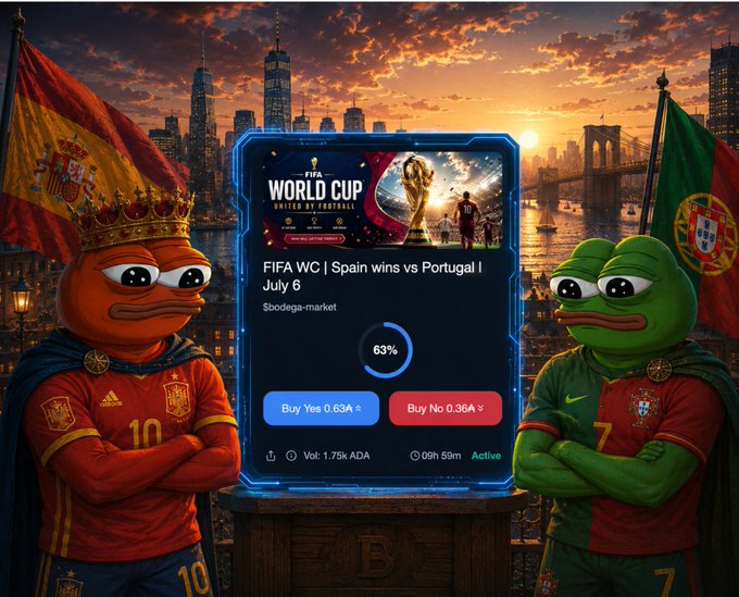A promotional image for a FIFA World Cup United States Football prediction market, showing the question 'FIFA WC | Spain wins vs Portugal | July 6' with 63% 'Buy Yes' and 36% 'Buy No' odds, flanked by Pepe the Frog characters dressed as Spanish and Portuguese soccer players.