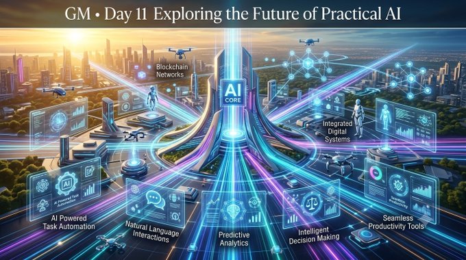 A futuristic digital graphic titled 'GM · Day 11 Exploring the Future of Practical AI' showing an 'AI CORE' connected to various holographic interfaces like 'Blockchain Networks' and 'Predictive Analytics'.