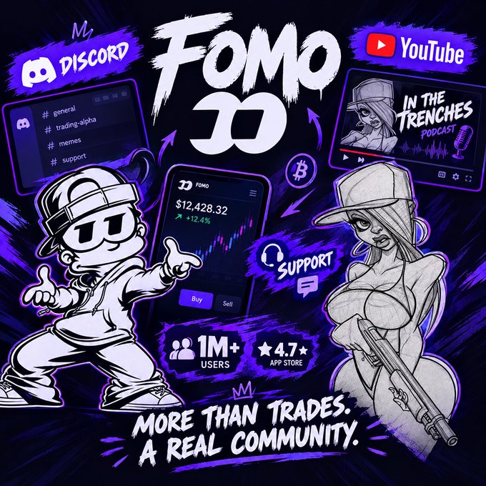 A promotional graphic for 'FOMO JD' advertises a crypto trading community with cartoon characters, Discord and YouTube logos, an app interface showing '$12,428.32', and text reading 'MORE THAN TRADES. A REAL COMMUNITY.'