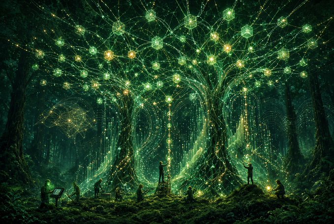 A fantasy digital artwork depicts a magical glowing green tree with floating cubes and figures working at its base in an enchanted forest.