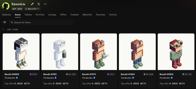 A profile page for 'SaxonLiu' displaying a collection of 250 pixel-art character items called 'Bandit' from 'The Bandits' series, with WETH pricing visible.