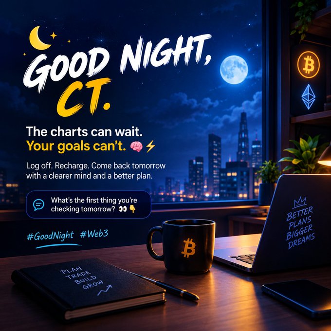 A 'Good Night, CT.' social media graphic features cryptocurrency themes with Bitcoin and Ethereum symbols, encouraging viewers to 'Log off. Recharge' with hashtags #GoodNight and #Web3.