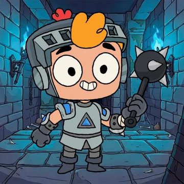 A cartoon-style illustration shows a knight-like character with orange hair and a helmet, grinning widely while holding a spiked mace in a stone dungeon with blue flames.