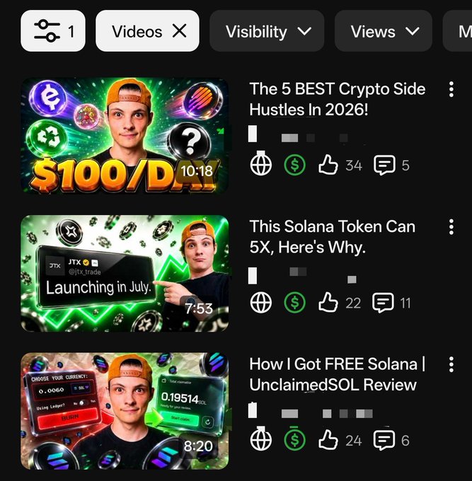 A YouTube channel page showing three videos about crypto, including 'The 5 BEST Crypto Side Hustles In 2026!', 'This Solana Token Can 5X, Here's Why.', and 'How I Got FREE Solana | UnclaimedSOL Review.'