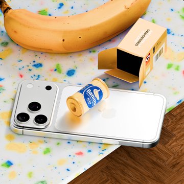 A small product display showing an iPhone on a colorful splattered mat next to a banana, an open cardboard box, and a small yellow phone stand labeled "Snap on me".
