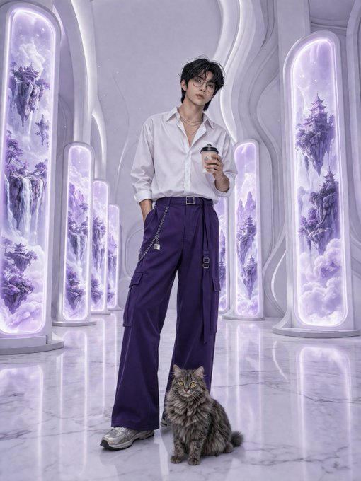 A stylish young man with glasses poses confidently in a futuristic, dreamlike white hallway lined with glowing purple portals showing floating pagoda landscapes, holding a coffee cup while a fluffy tabby cat sits at his feet. The ethereal, otherworldly aesthetic of the scene ties into the post's "Motion Tuesday GM CT" vibe, evoking a sense of magical momentum and good morning energy through its surreal, dynamic composition.