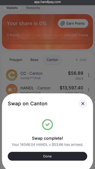 A mobile app screenshot for app.handlpay.com displays a 'Swap complete!' confirmation dialog, indicating that 14046.04 HANDL has been swapped for approximately $53.66.