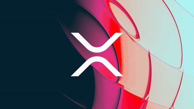 An abstract digital graphic featuring the white XRP cryptocurrency logo centered over a flowing, glossy red and pink ribbon-like shape against a dark blue background.