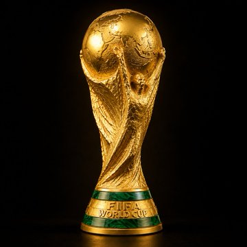 The image features a golden trophy with an intricate design of wings and a globe above it against a black background. The caption reads "LATEST: A Solana trader turned a $341 World Cup meme coin buy into over $100,000 in gains after the token surged 30,000% since launching on Pump.fun." The image seems to be related to the recent popularity of the token associated with the FIFA World Cup, possibly demonstrating its rising value due to increased interest and speculations about its potential future use as a speculative investment or as an alternative currency for the tournament.