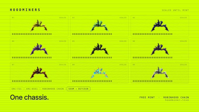 A neon-green interface titled "HOODMINERS" displays a 3x3 grid of nine sealed chassis designs (H1-H9) awaiting mint, with text highlighting "SEALED UNTIL MINT," "One chassis," and ERC-721/ERC-6551 token standards on the "ROBINHOOD CHAIN" for "SEAM > BITCOIN." The image relates to the post by showcasing the unrevealed NFT miner collection tied to a NucleusCodes campaign that tracks onchain reputation across EVM, Bitcoin, and Solana, where the sealed chassis aesthetic reflects the "quality" and mystery components referenced in the caption.