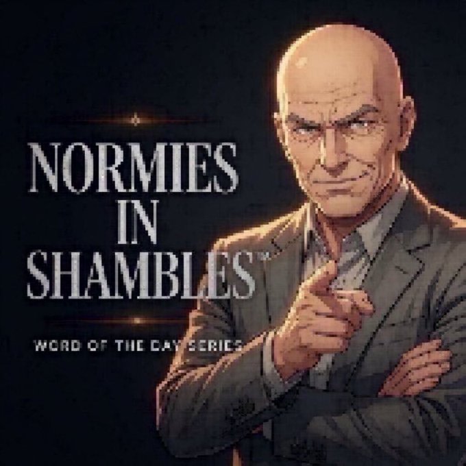 An illustration of a bald, stern-looking man in a suit pointing at the viewer, with text reading 'NORMIES IN SHAMBLES' and 'WORD OF THE DAY SERIES'.