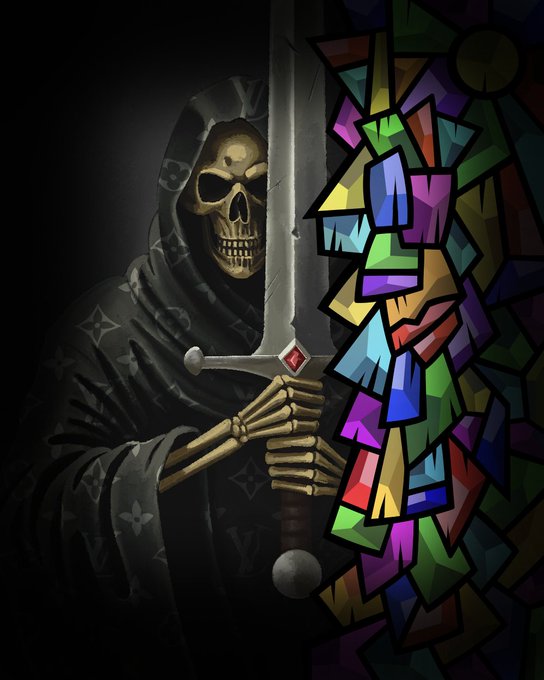 A split-style digital illustration showing a dark, skeletal grim reaper in a hooded robe holding a sword on the left, contrasted against a vibrant, multicolored mosaic of shattered letters on the right.