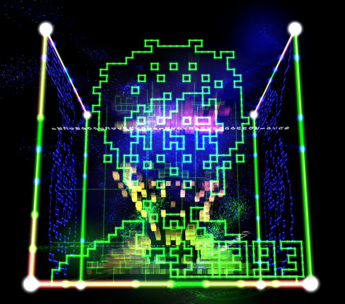 A retro-style digital artwork featuring a pixelated green skull-like shape within a glowing green wireframe box, set against a dark starry background with rainbow accents.